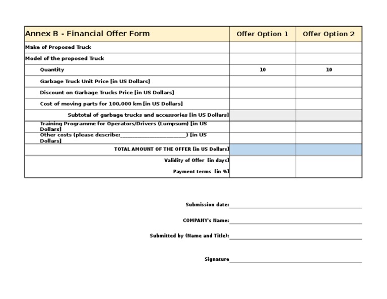 Annex B - Financial Offer Form: Offer Option 1 Offer Option 2 | PDF ...