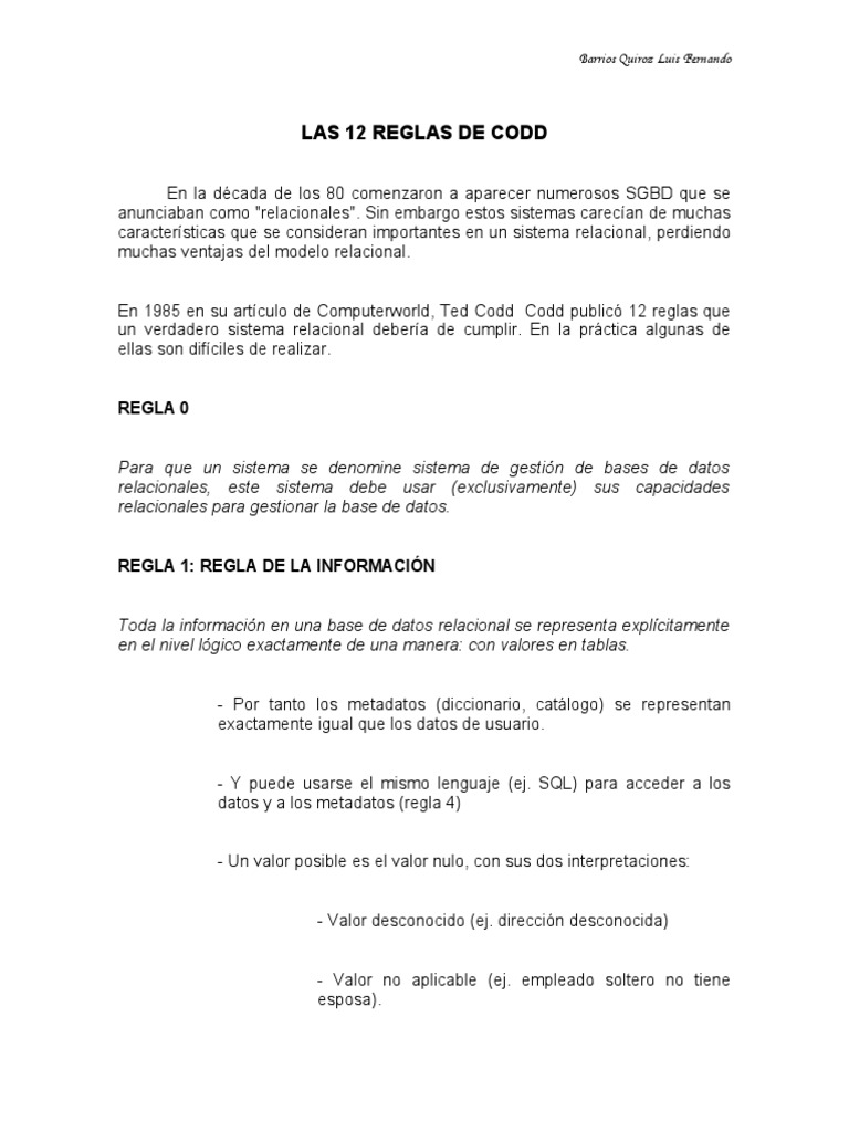 Las 12 Reglas de Codd en Bases de Datos | PDF | Base de datos ...