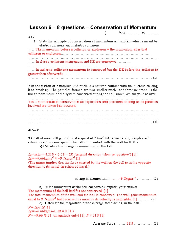 Lesson 6 7 8 Conservation Of Momentum Lesson 6 8 Answers Collision Momentum