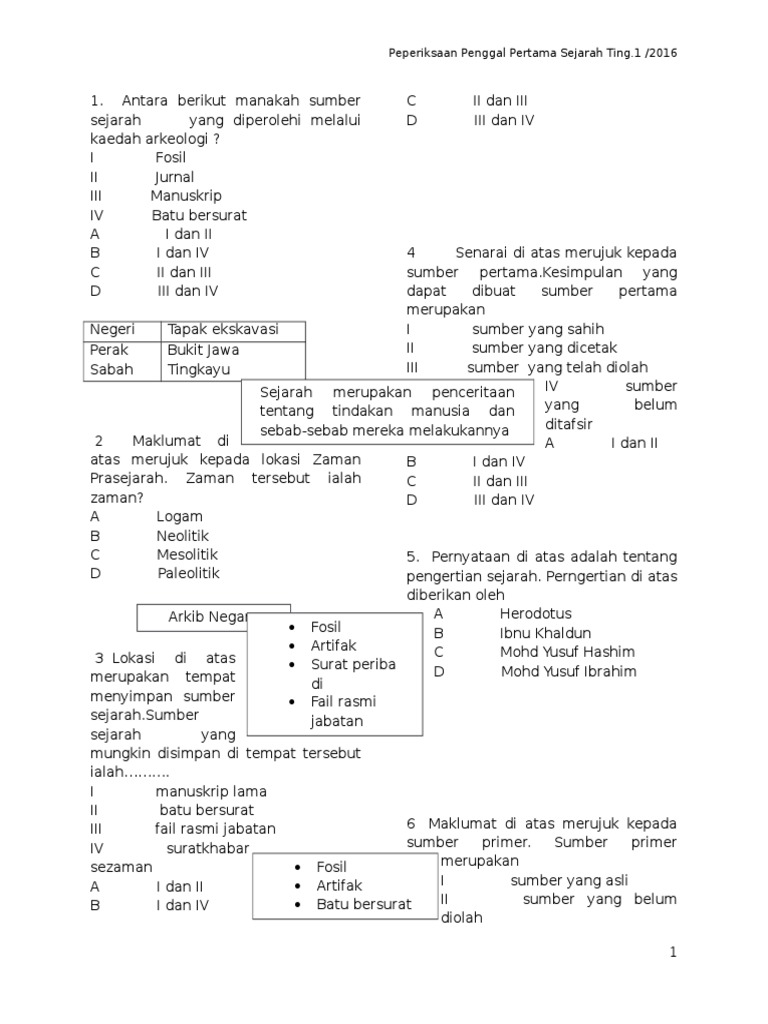 Soalan Ujian Selaras Sejarah Tingkatan 1