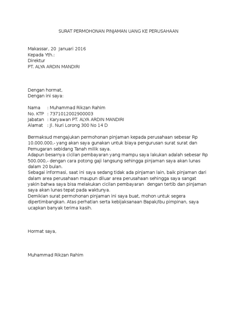 Contoh Surat Permohonan Pinjaman Uang Ke Perusahaan