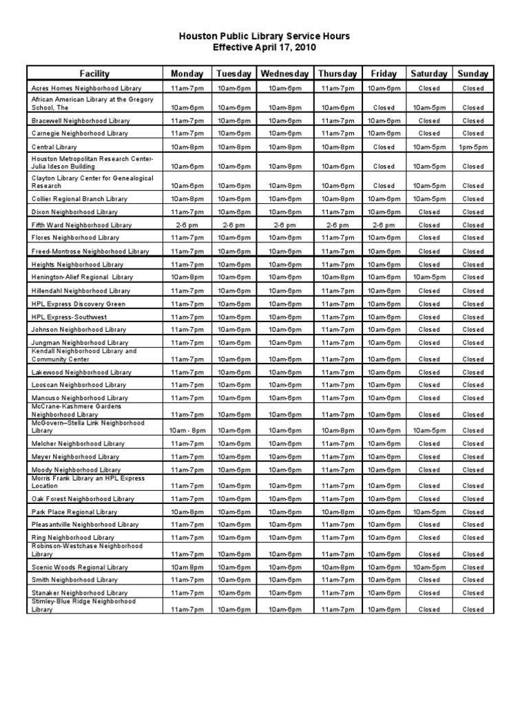 Houston Library Service Hours | PDF | Texas | Texas Counties