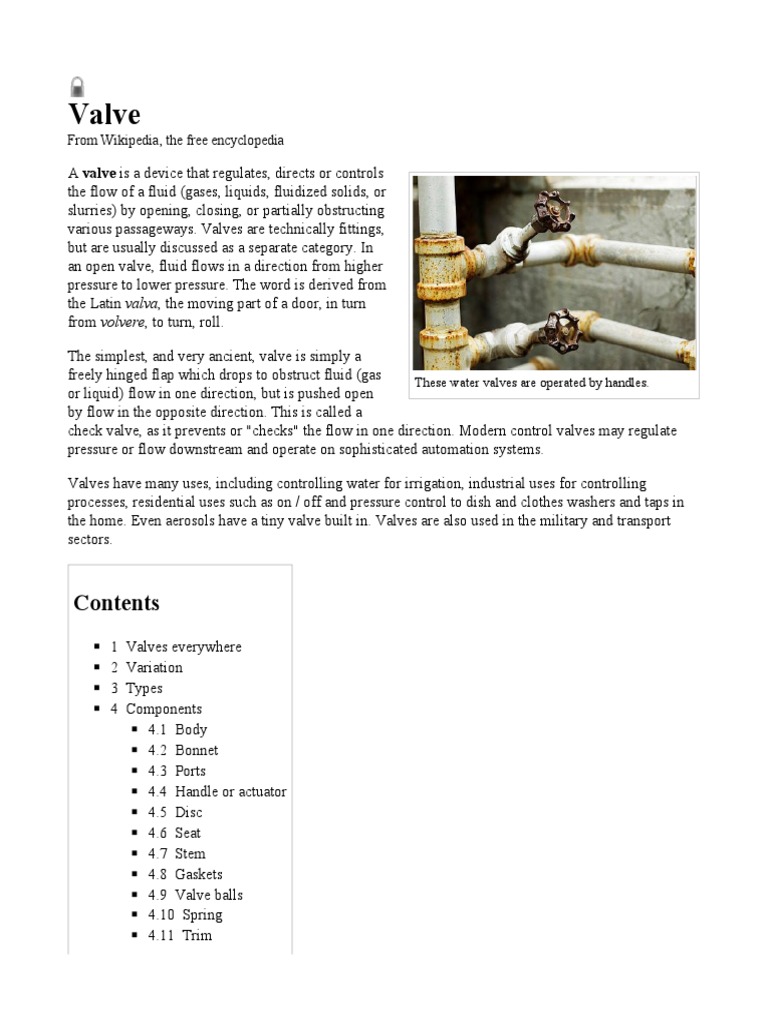 Valve From Wikipedia, The Free Encyclopedia PDF Valve Hydraulics