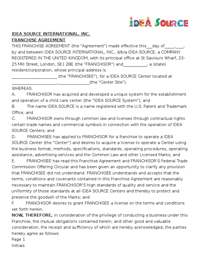 IDEA Source Franchise Agreement Overview | PDF | Franchising | Insurance