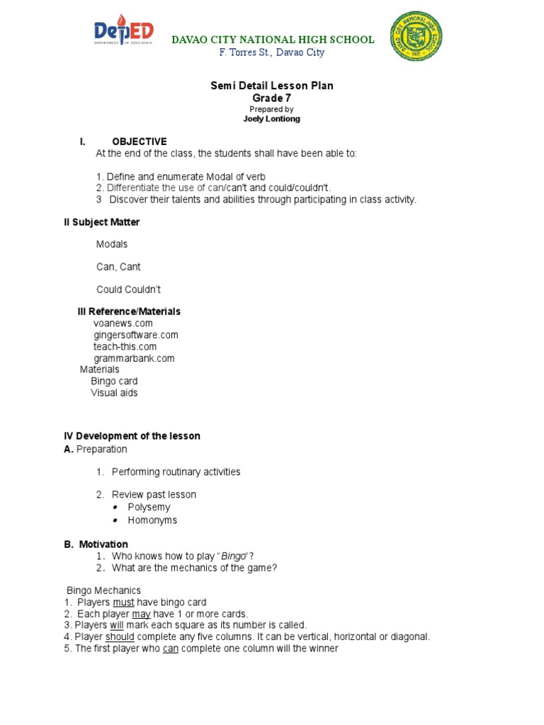 Modal Lesson Plan (Can and Could) | PDF | Lesson Plan | Cognition
