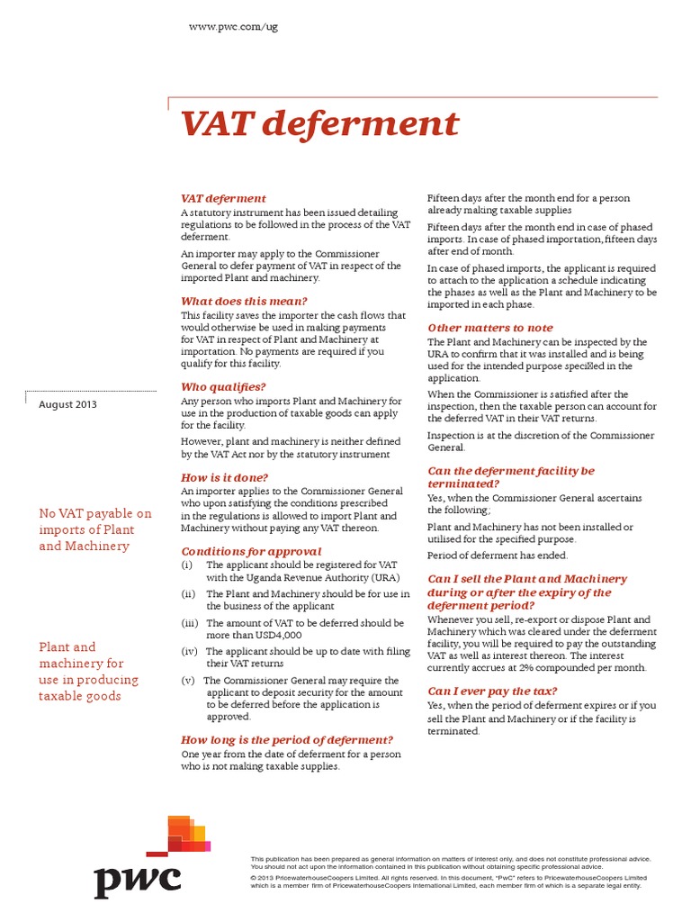 VAT Deferment No VAT Payable On Imports of Plant and Machinery PDF