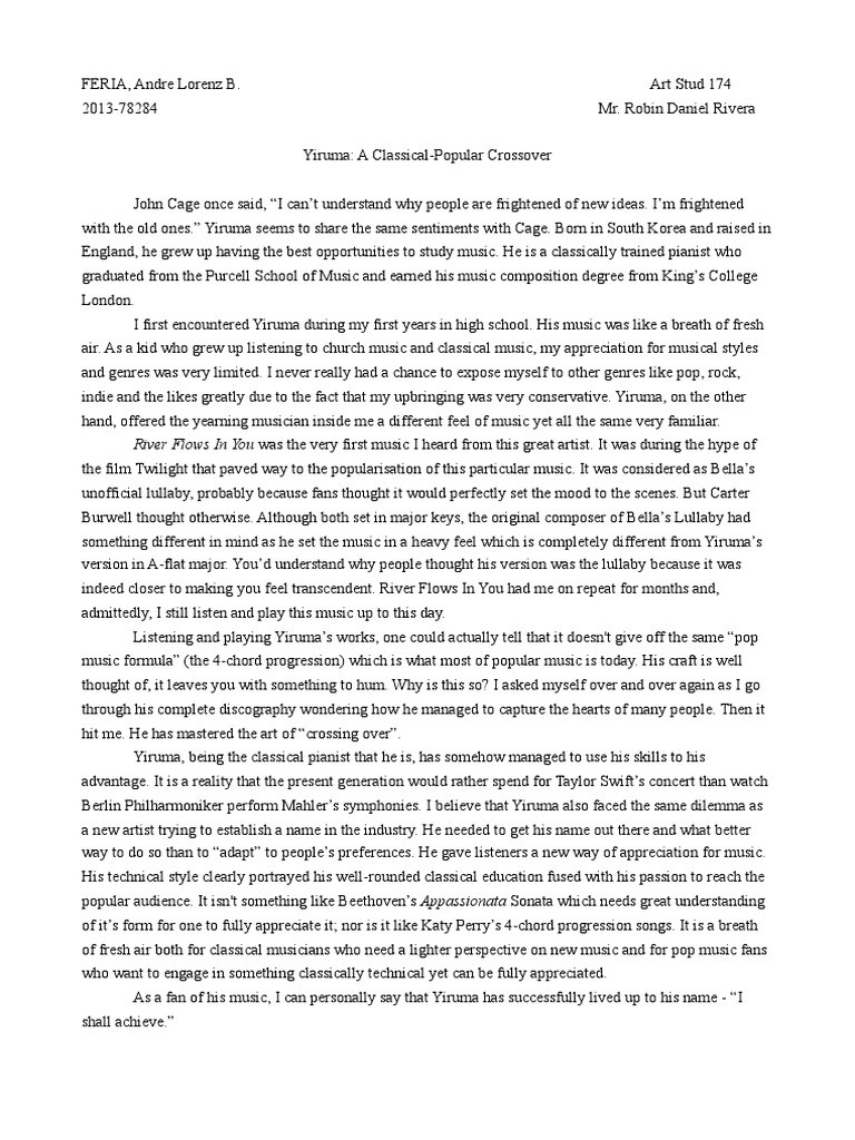 Reaction Paper 1 Yiruma Classical Music Entertainment
