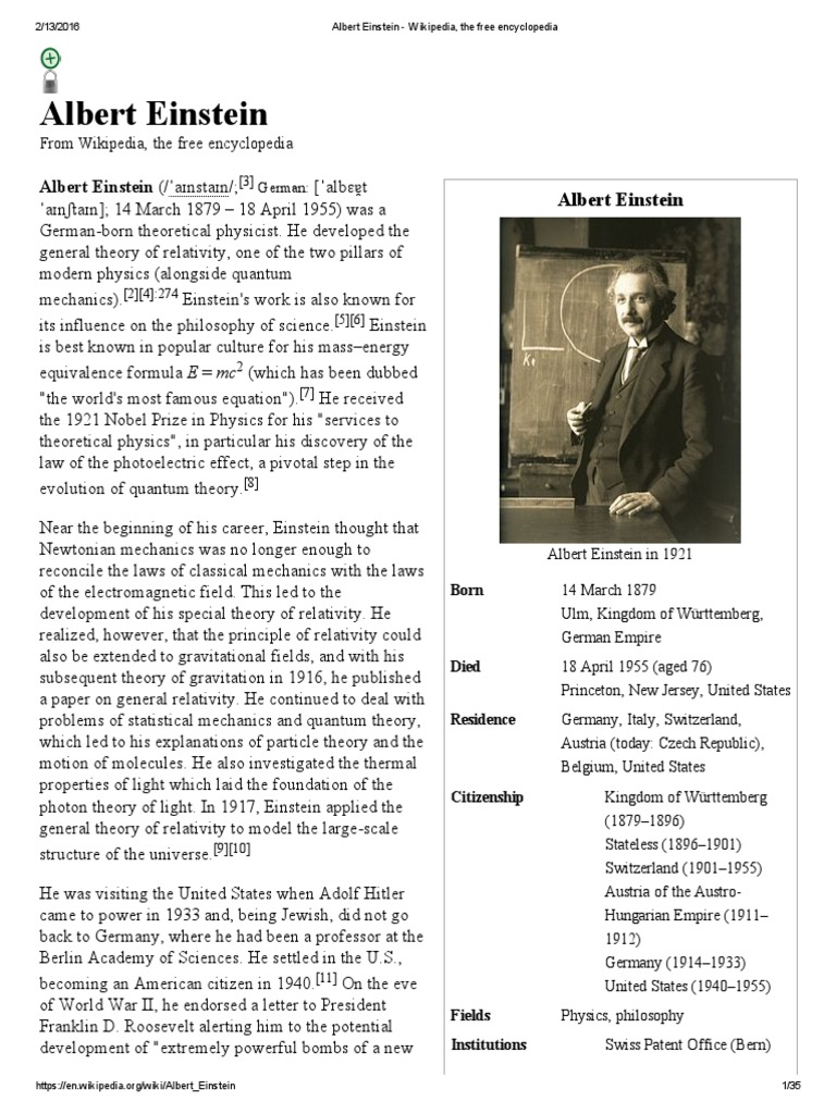 Albert Einstein - Wikipedia, The Free Encyclopedia | PDF | Albert ...