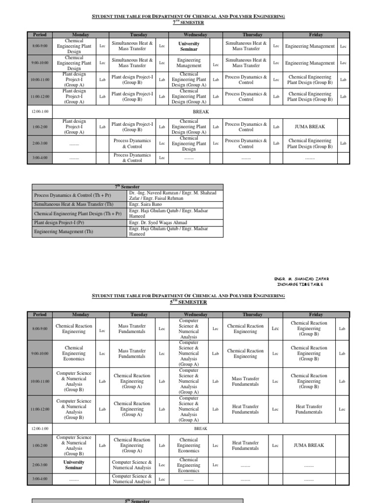 Chemical Engineering Timetable Overview | PDF | Chemical Engineering ...