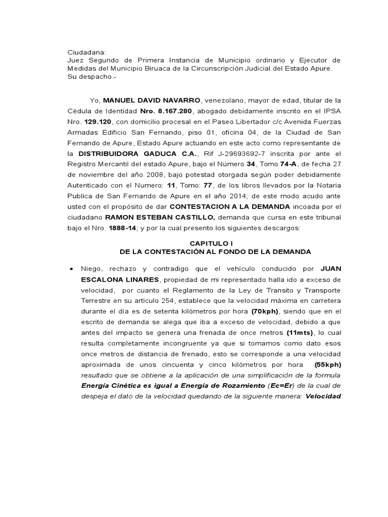 Contesta de Demanda Gaduca Taxi Bienes (Ley)