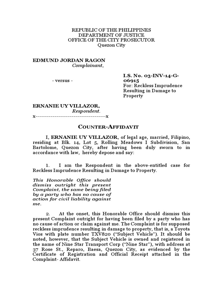 Counter-Affidavit on Reckless Imprudence | PDF | Negligence | Virtue