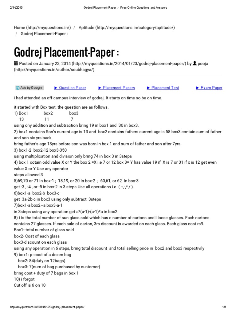 Godrej PlacementPaper Free Online Questions and Answers PDF Test