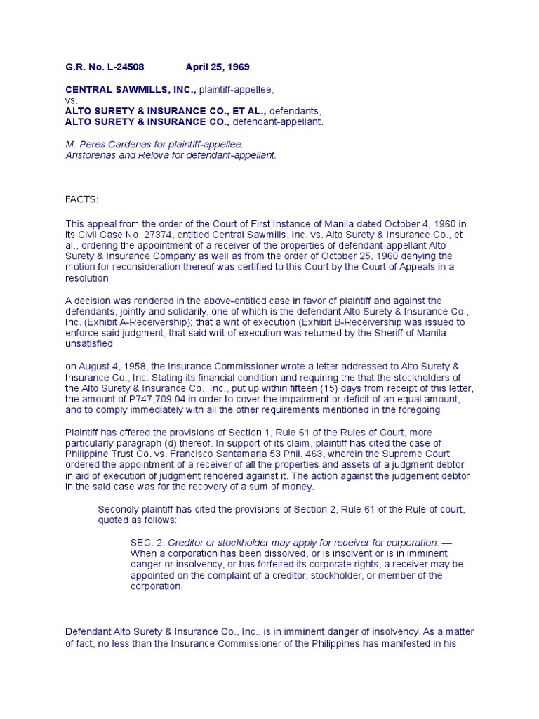 2 Provrem Central Sawmill Vs Alto Surety PDF Receivership