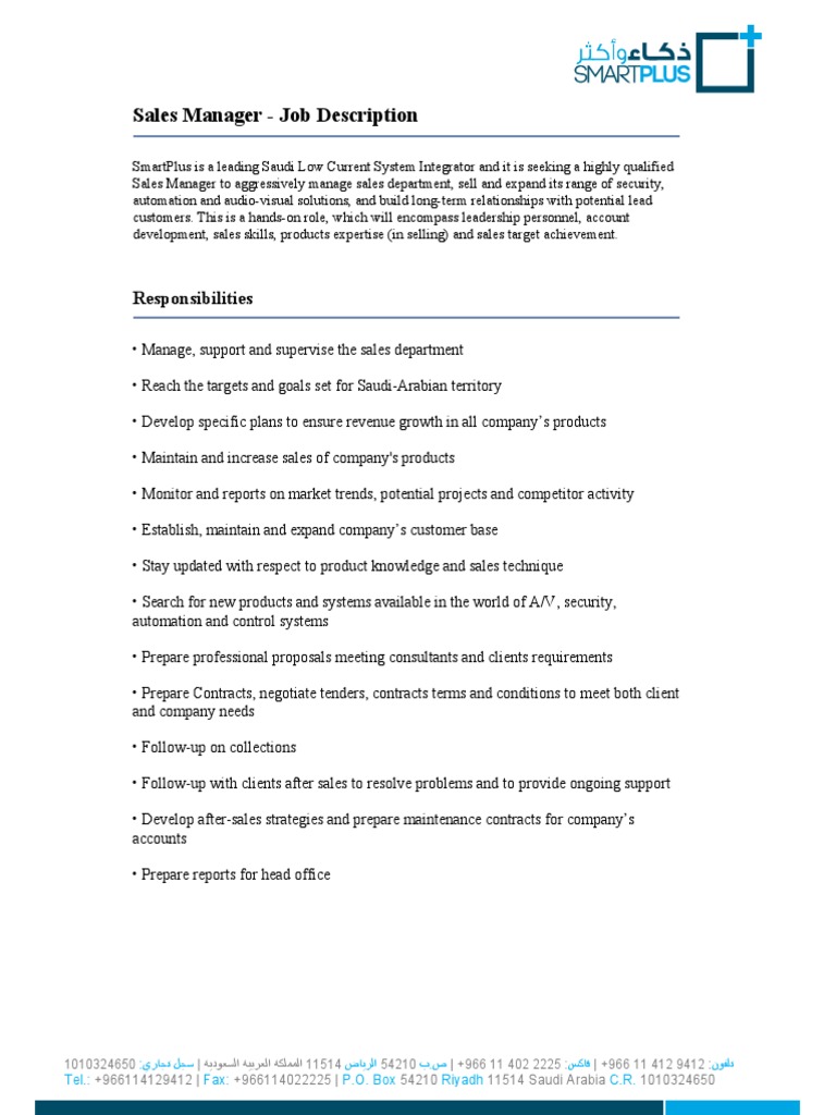 Sales Manager Job Description PDF | PDF | Sales | Saudi Arabia