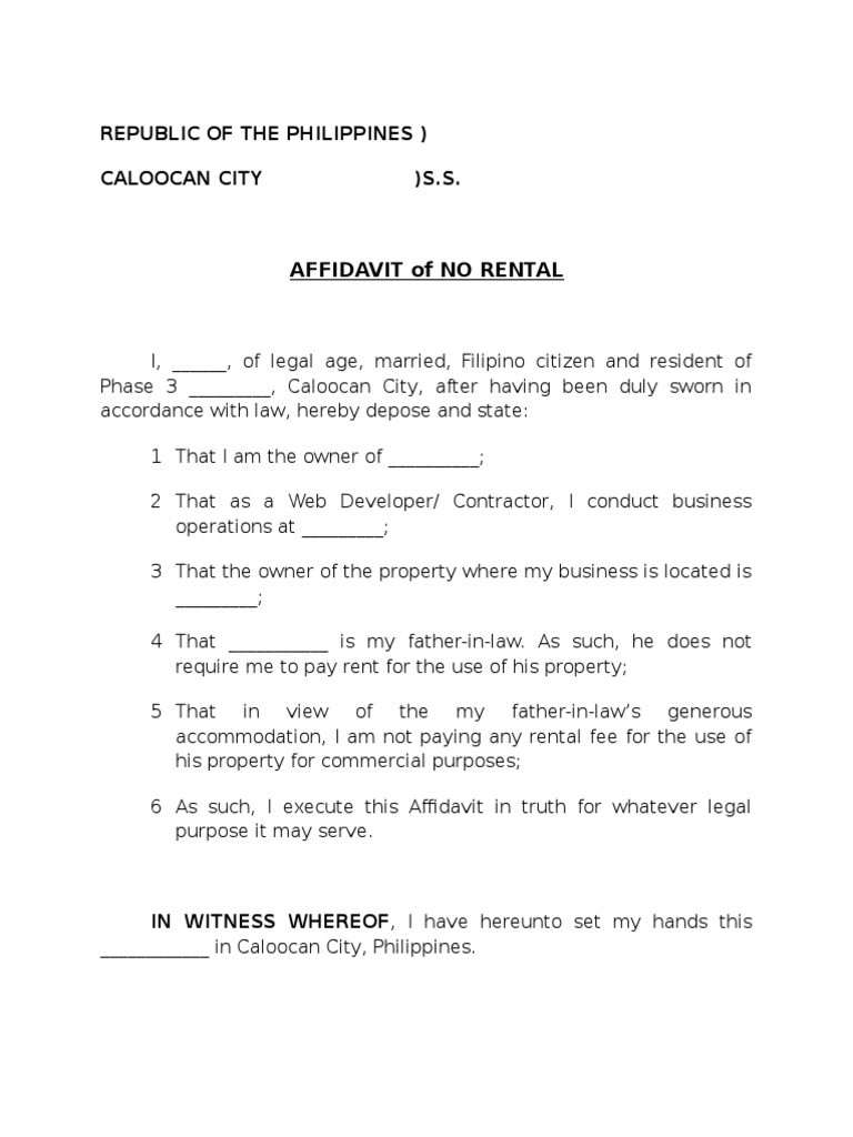 Affidavit of No Rental Sample