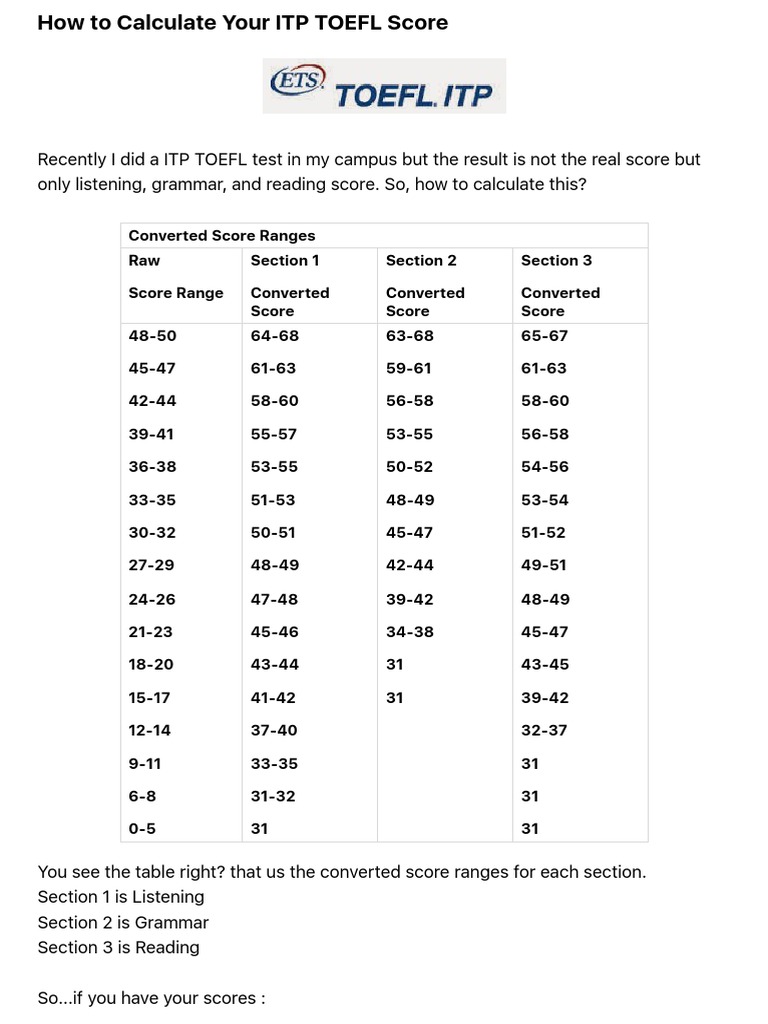 Calculate Your Itp Toefl Score Pdf Test Of English As A Foreign Language Standardized Tests