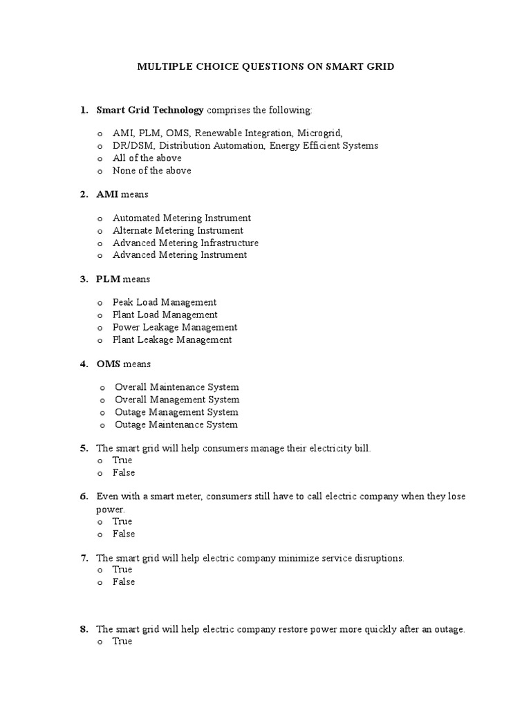 Mcq On Smart Grid Pdf Smart Grid Electrical Grid