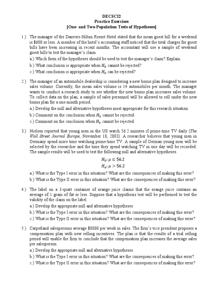 Practice Exercises For Test of Hypothesis PDF Statistical