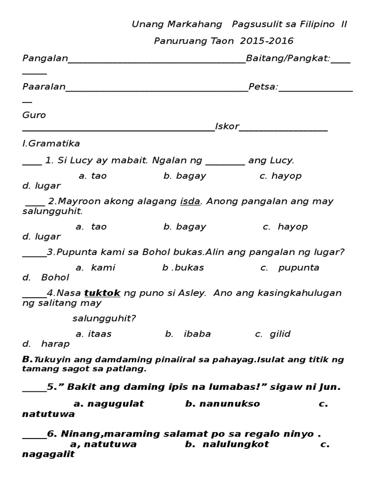unang markahang pagsusulit sa filipino ii 2015 2016 pdf