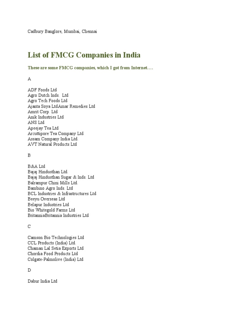 List of FMCG Companies in India PDF