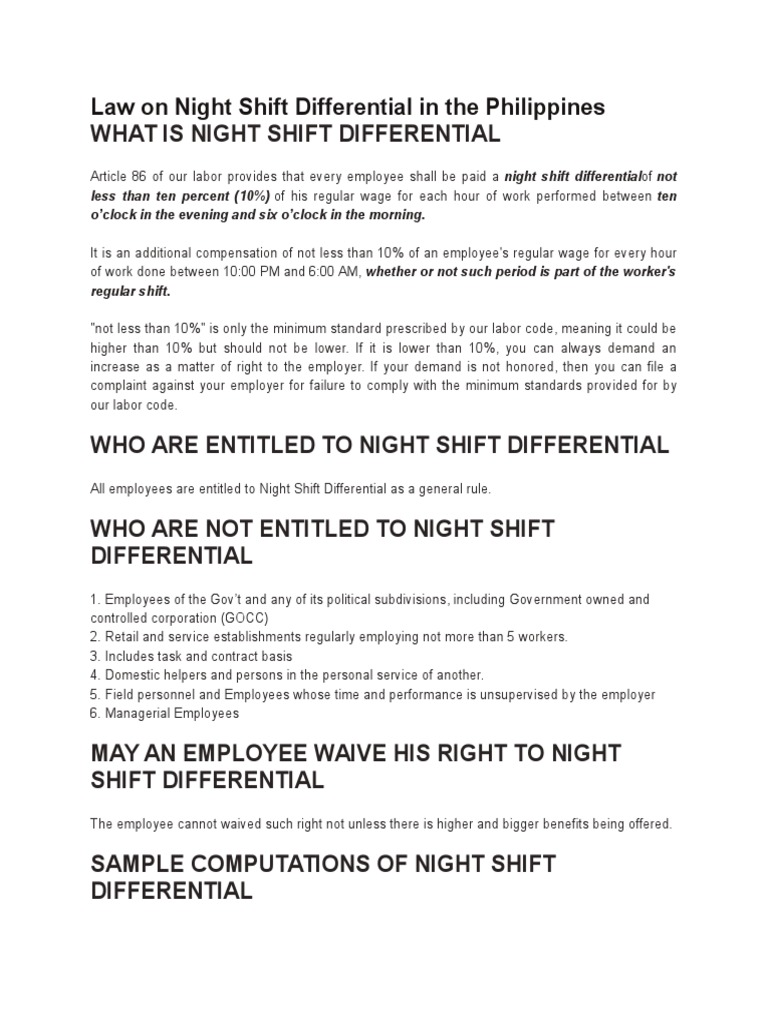 Law On Night Shift Differential in The Philippines PDF Overtime