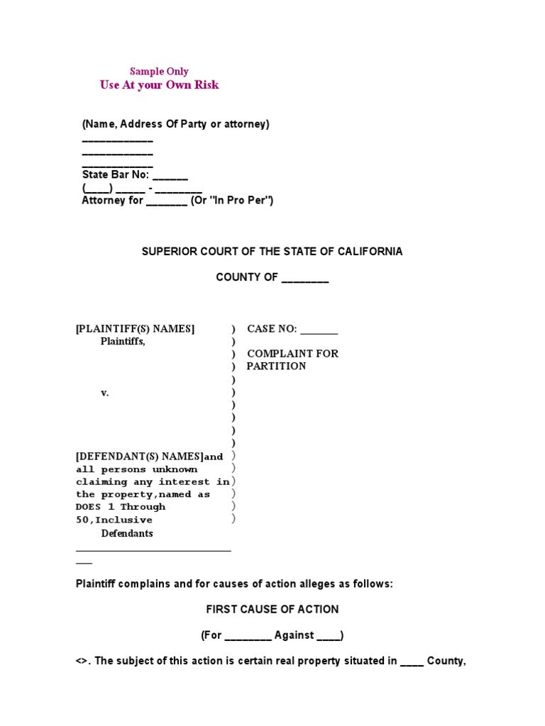 Complaint for Partition Lawsuit Complaint