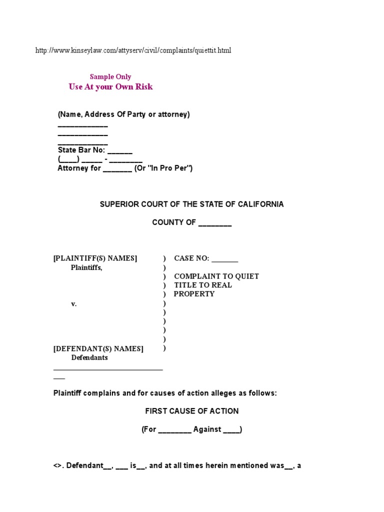 Complaint to Quiet Title to Real Property Lawsuit Complaint