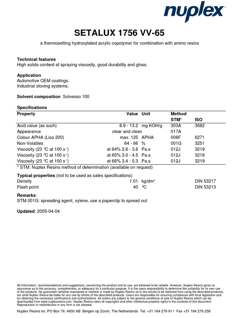 Setalux 1756 VV65 Tds PDF Chemical Substances Chemical Compounds