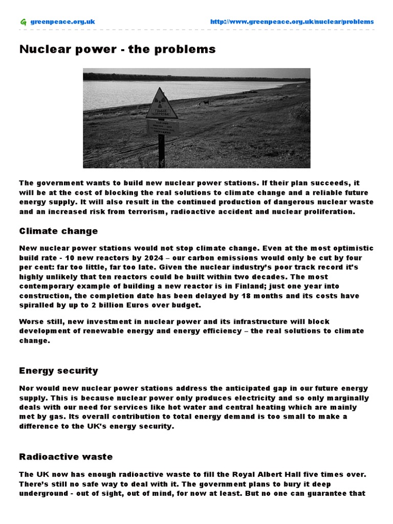 Nuclear Power - The Problems - Greenpeace UK | PDF | Radioactive Waste ...