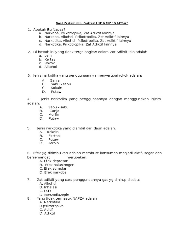 Soal Pretest Dan Posttest Cip Smp Napza