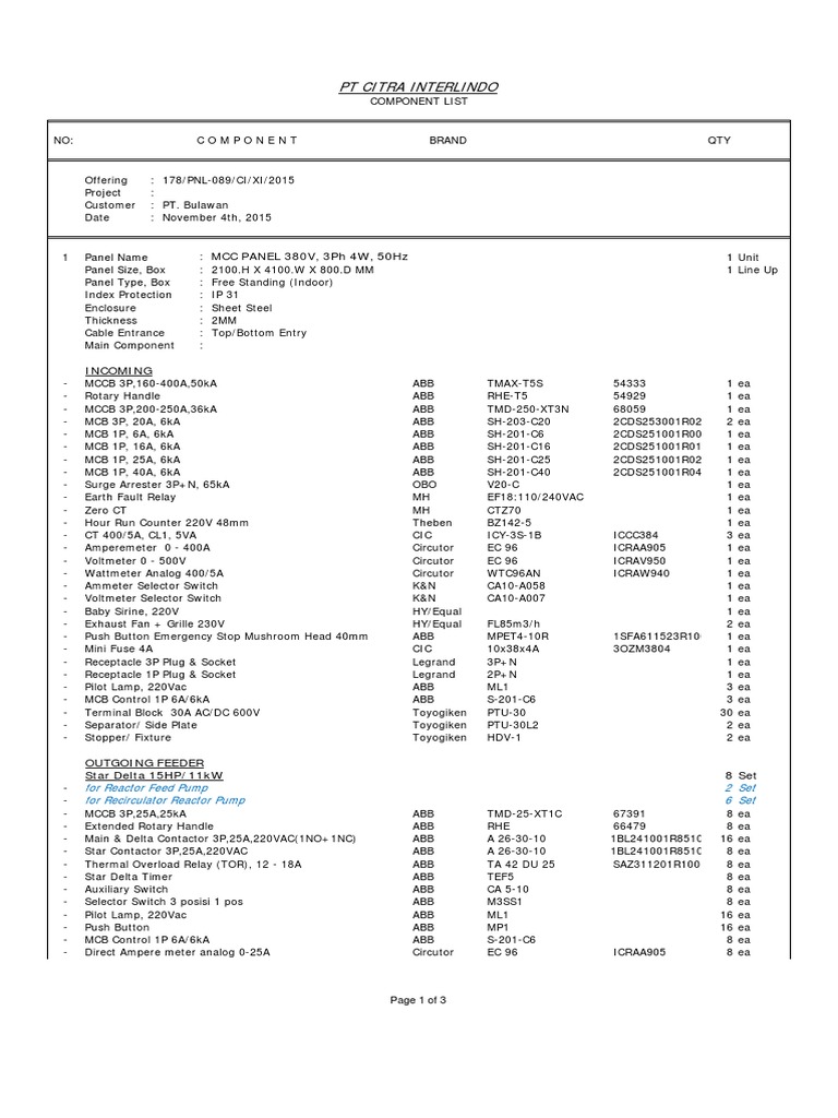 MCC Panel and Component List 2015 | PDF | Switch | Electrical Connector