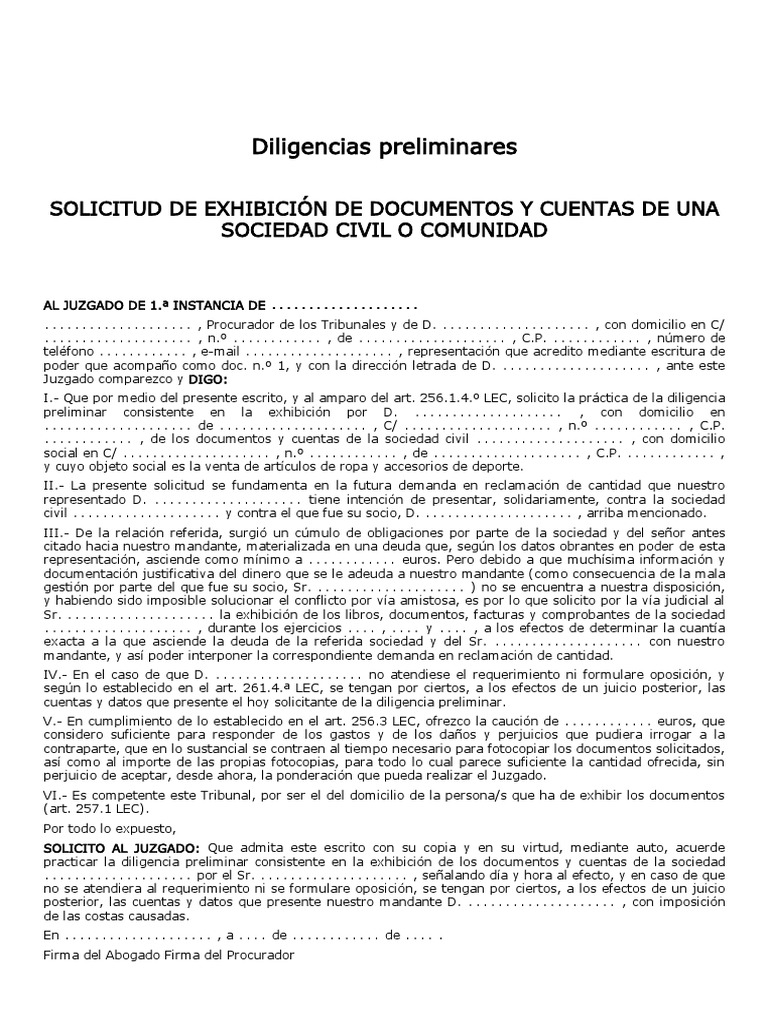 Solicitud De Exhibicion De Documentos Y Cuentas De Una Sociedad Civil O Comunidad Pdf Liquidacion Demanda Judicial
