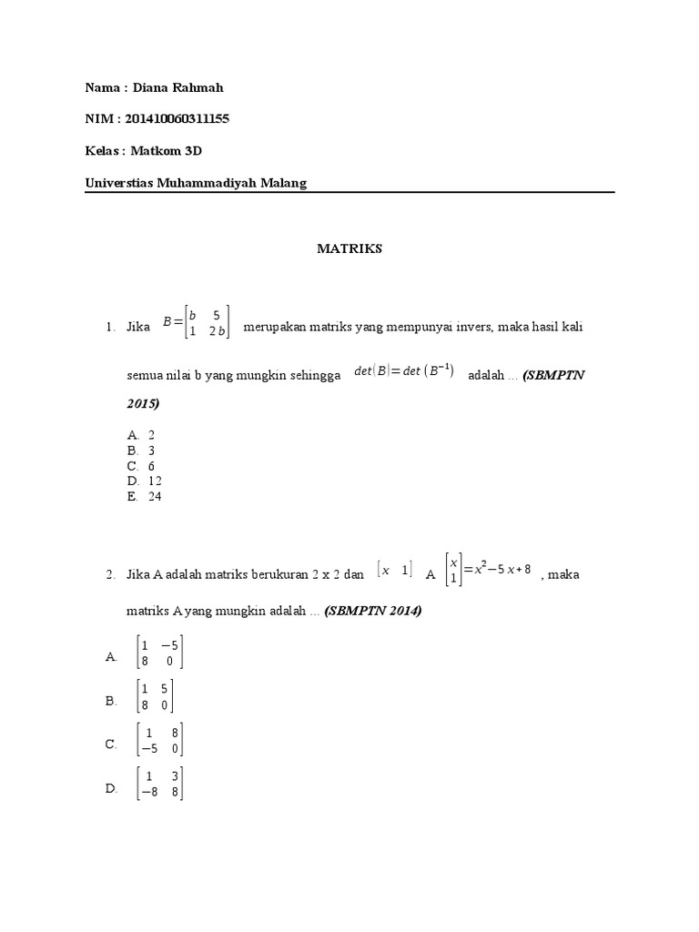 Kumpulan Soal Snmptn Sbmptn Materi Matriks