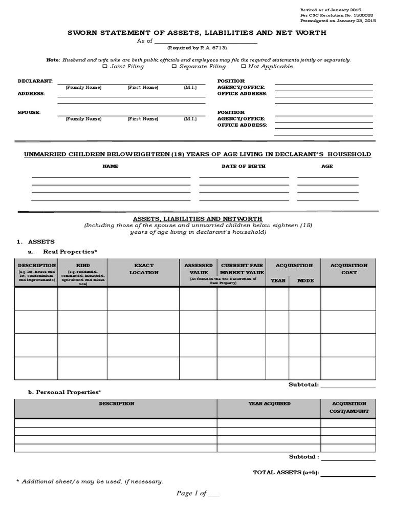 Revised SALN Form 2015 Template | PDF | Net Worth | Social Institutions