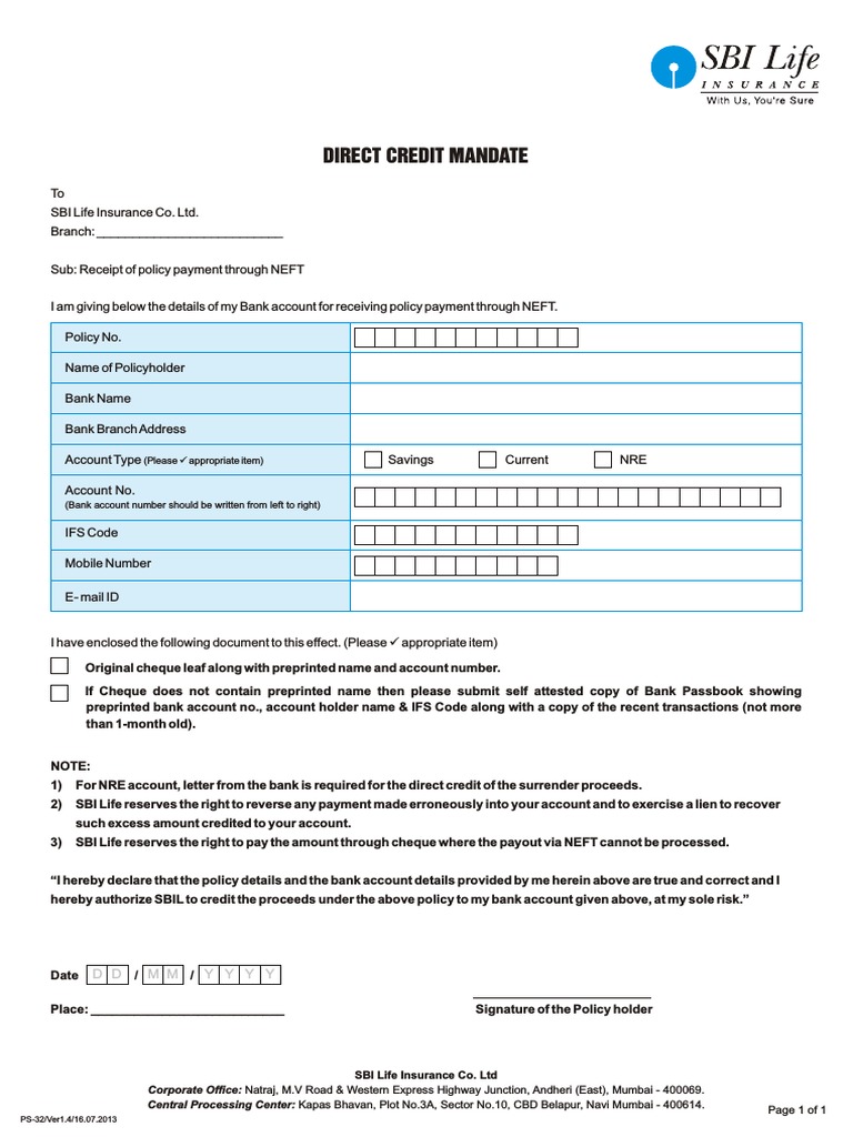 Direct Credit Mandate Form