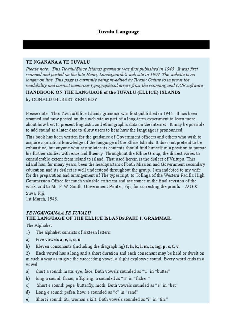 Tuvalu Language Handbook: Grammar Guide | PDF | Plural | English Language