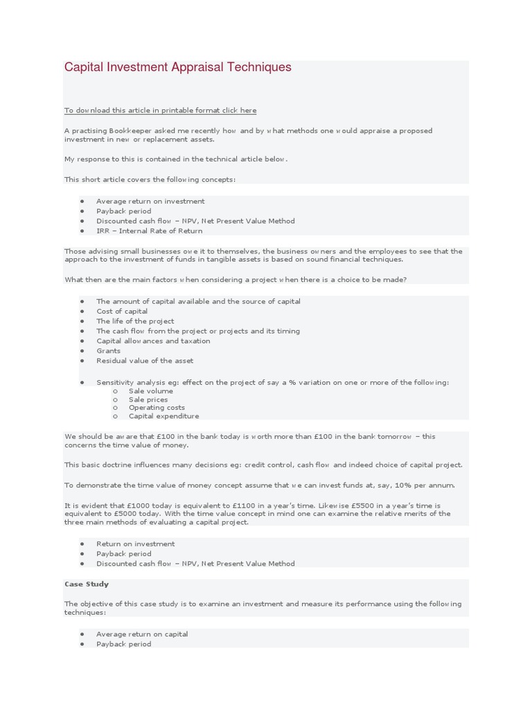 Capital Investment Appraisal Techniques | PDF | Net Present Value ...