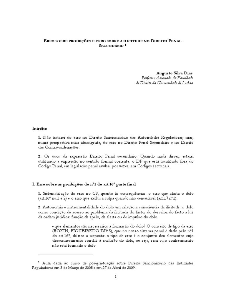 Augusto Silva Dias - ERRO SOBRE PROIBIÇÕES E ERRO SOBRE A ILICITUDE NO ...