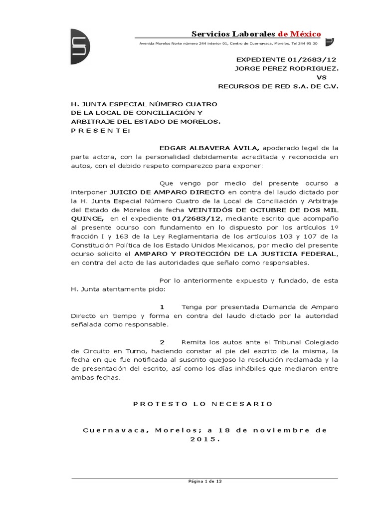 Amparo Directo contra Laudo Laboral | PDF | Evidencia (ley) | Ley procesal