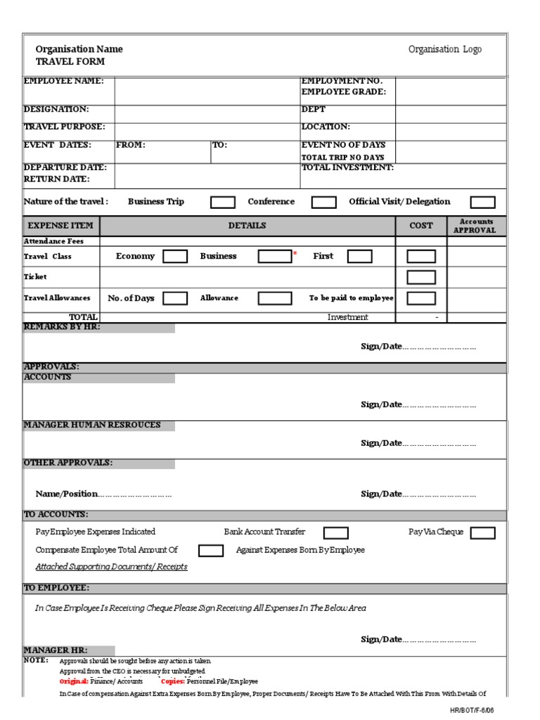 Organisation Name Travel Form: Total Trip No Days | PDF | Career ...