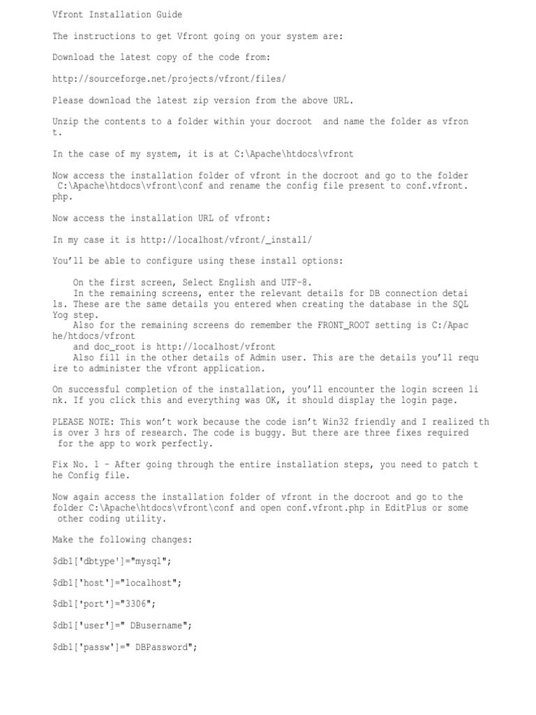 Vfront Installation Instructions | PDF | Apache Http Server | Databases