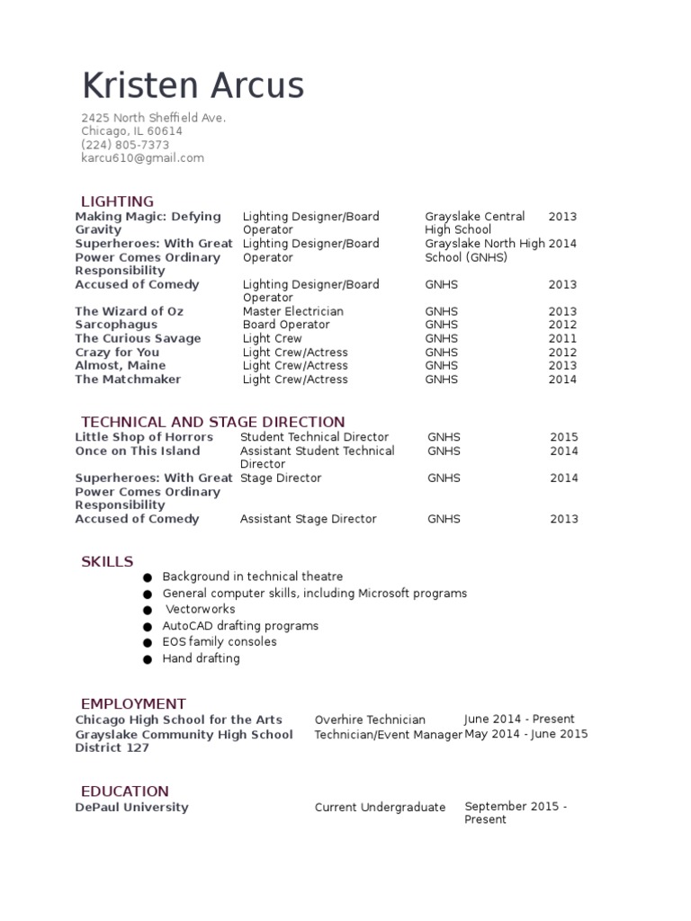 Kristen Arcus: Lighting Designer Resume | PDF