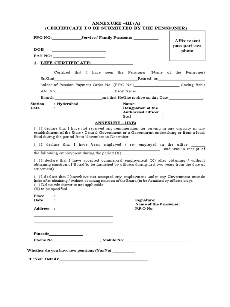 Life Certificate Form for Pensioners | PDF