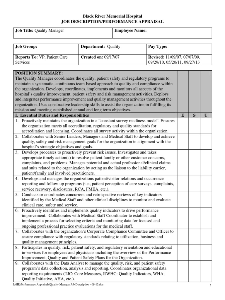 Quality Manager Job Description - 09-13 | Pdf | Patient Safety | Safety