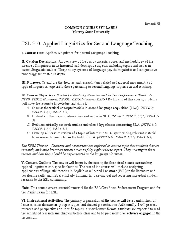 TSL 510: Applied Linguistics For Second Language Teaching: Revised 1/08 ...