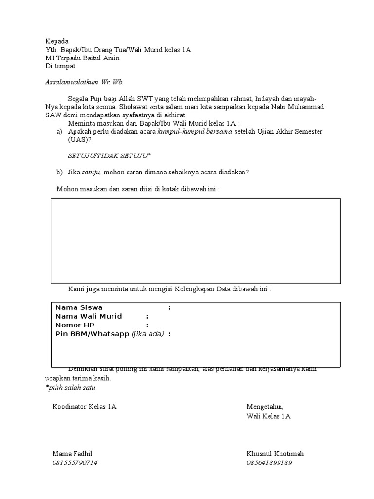 Surat Polling Wali Murid Kelas 1A | PDF