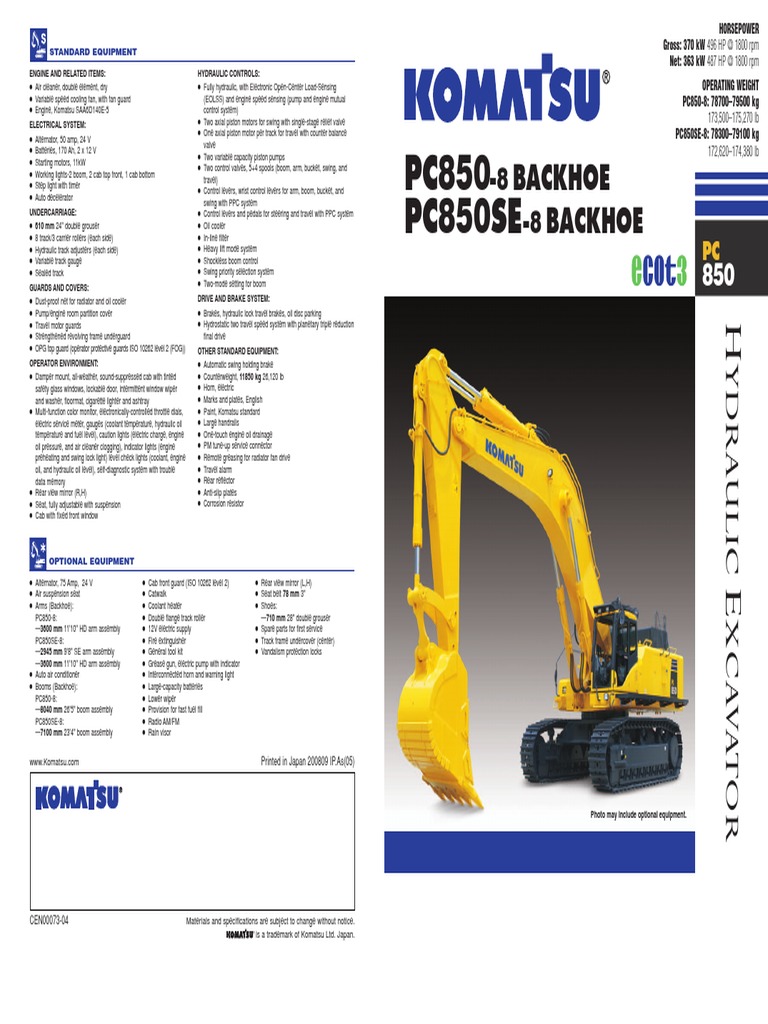 Komatsu PC850-8 Excavator Specifications | PDF | Engines | Elevator