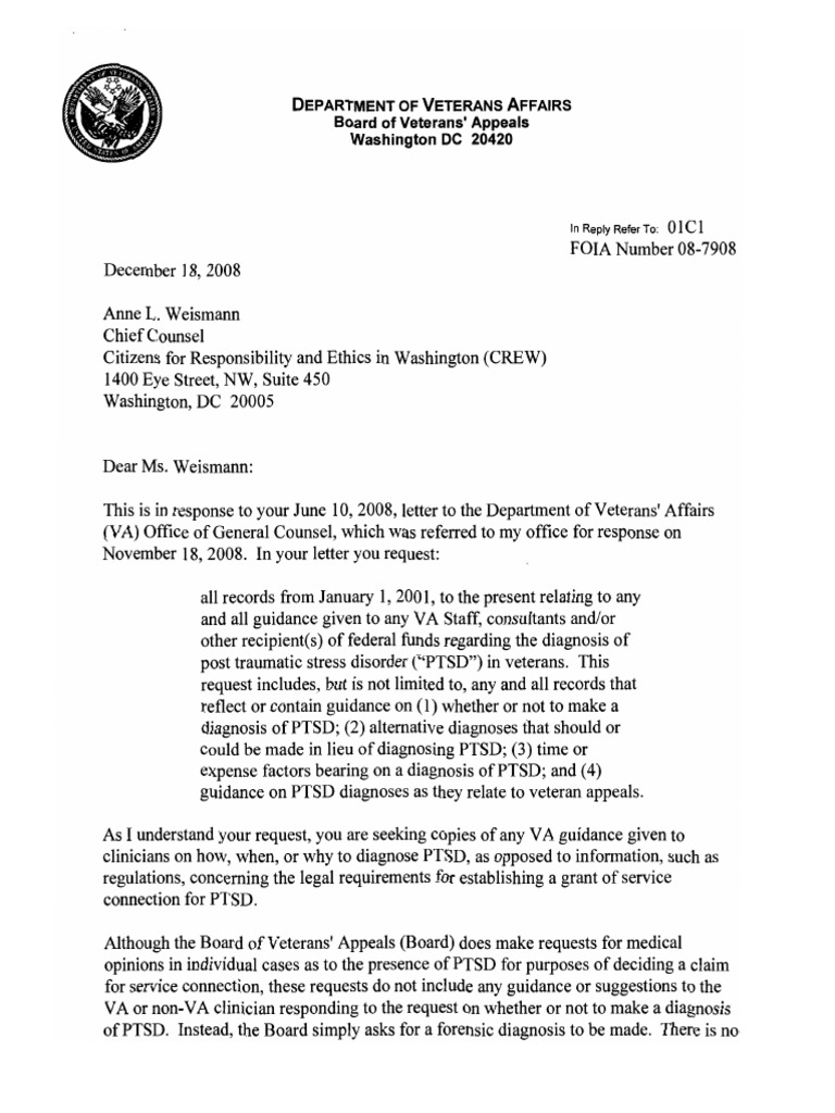 CREW Department of Veterans Affairs Regarding PTSD Diagnosis Cover