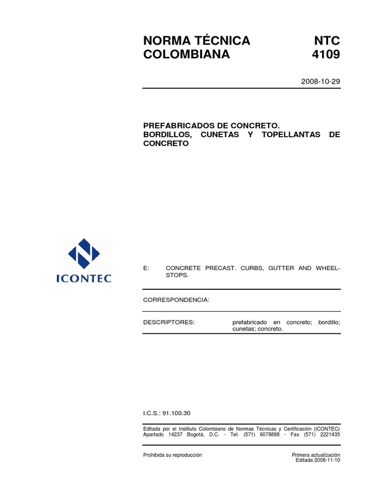 NTC 4109: Bordillos y Cunetas de Concreto | PDF | Ingeniería | Science