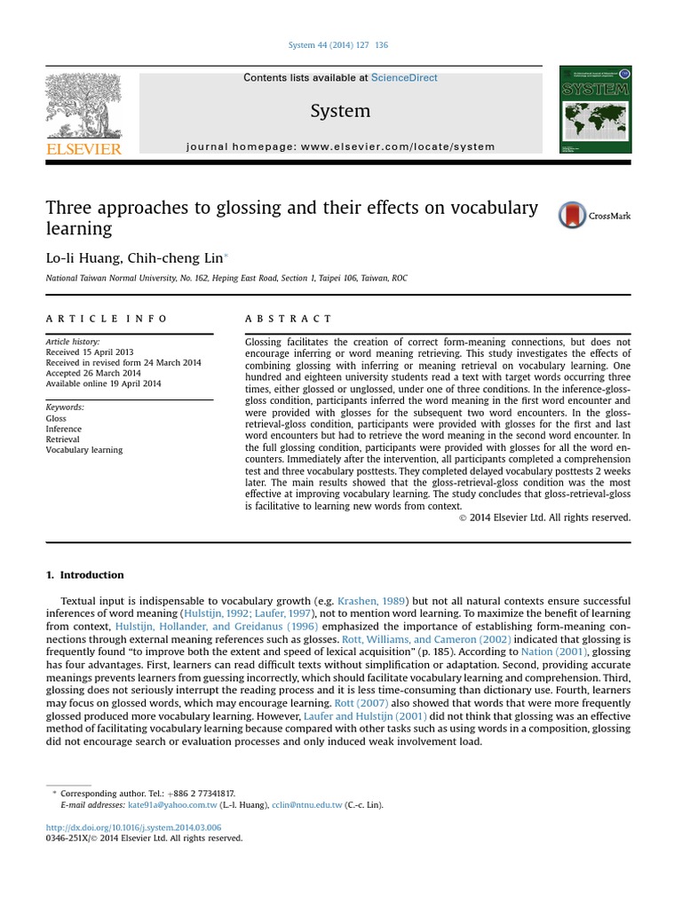 Three Approaches To Glossing and Their Effects On Vocabulary Learning ...